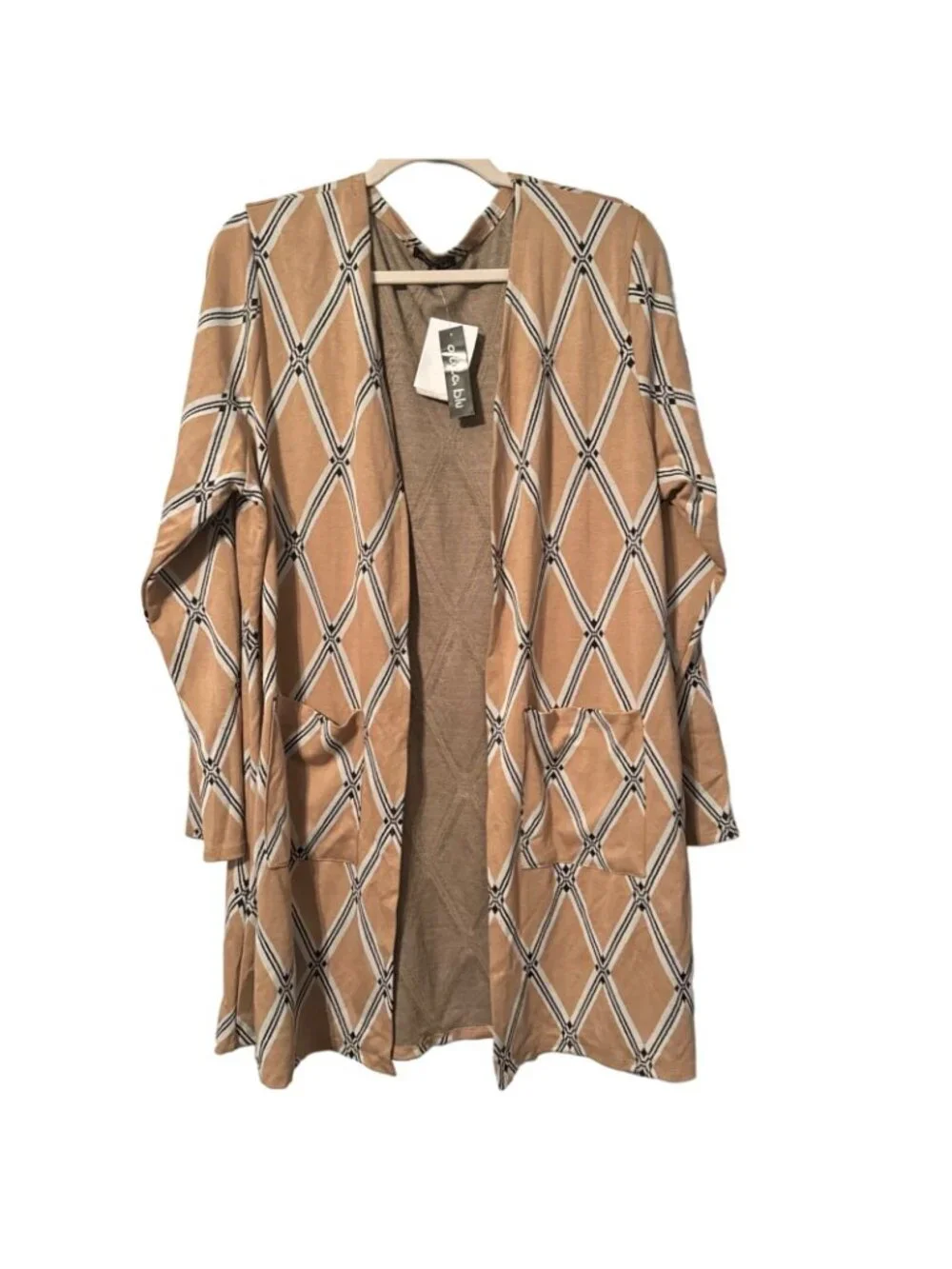 Olivia Blu Womens Long Sleeve Open Front Cardigan With Pockets 1X Beige & Black - Picture 5 of 12